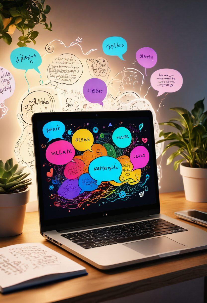 An open laptop displaying a glowing digital diary filled with handwritten thoughts and vibrant doodles. Surrounding the laptop, there are floating speech bubbles with quotes and ideas, symbolizing online voice. A cozy, inviting workspace with plants and warm lighting in the background. Waves of colorful sound waves radiating outward, signifying transformation of thoughts into digital expression. vibrant colors. 3D.