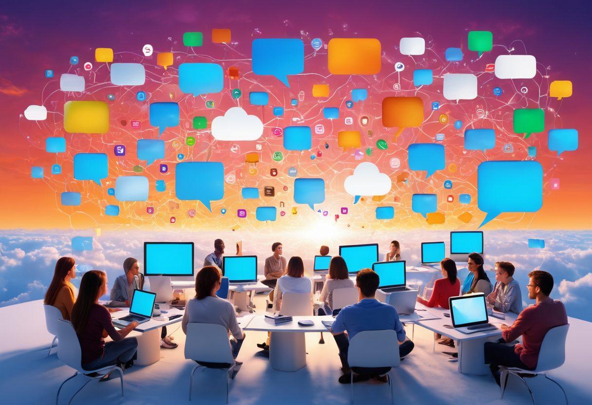 A vibrant digital landscape depicting a diverse group of people sharing ideas online, surrounded by interconnected networks and floating icons symbolizing blogs and social media. Include elements like laptops, smartphones, and colorful speech bubbles to enhance communication. The backdrop should feature a dynamic sky blending into a bright horizon, symbolizing the vast blogosphere. super-realistic. vibrant colors. 3D.