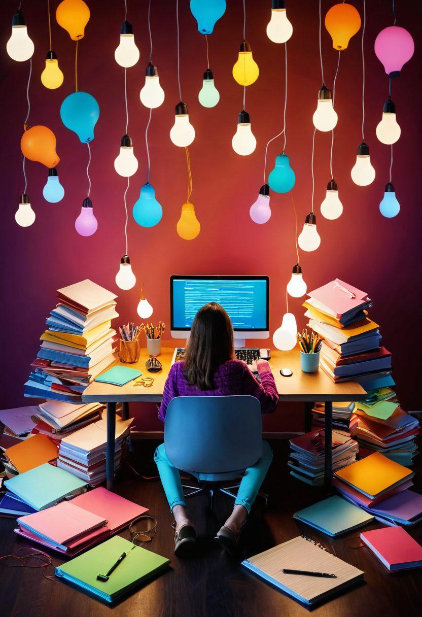 A whimsical scene depicting a person sitting at a cozy desk surrounded by floating ideas represented as lightbulbs, notebooks, and digital devices. The desk is cluttered with colorful stationery and a laptop displaying a blank blog post. In the background, a colorful thought bubble showcases snippets of various blog topics. The overall atmosphere should feel inspiring and creative. vibrant colors. 3D.